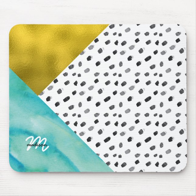 Teal and Gold Mixed Media Monogrammed Mouse Pad (Front)