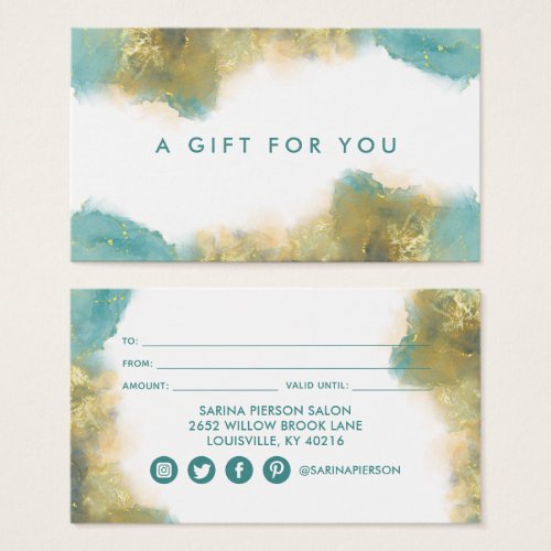 Custom Gift Certificates 10 Teal And Gold Modern Art Liquid Ink Gift Card