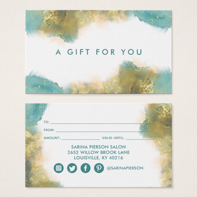 Teal And Gold Modern Art Liquid Ink Gift Card (Front & Back)