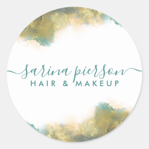 Custom Stickers 9 Teal And Gold Modern Art Liquid Watercolor Ink Classic Round Sticker