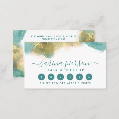 Teal And Gold Modern Art Liquid Watercolor Ink Loyalty Card