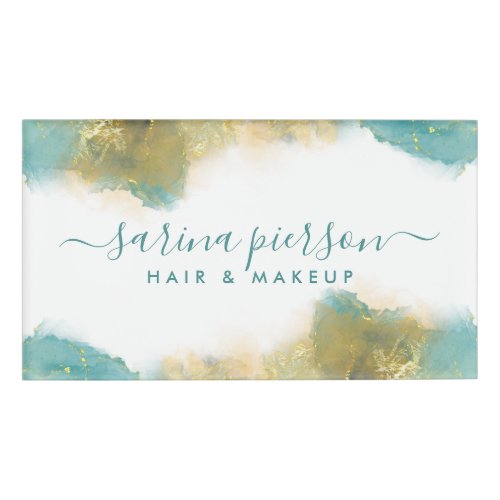 Teal And Gold Modern Art Liquid Watercolor Ink Name Tag