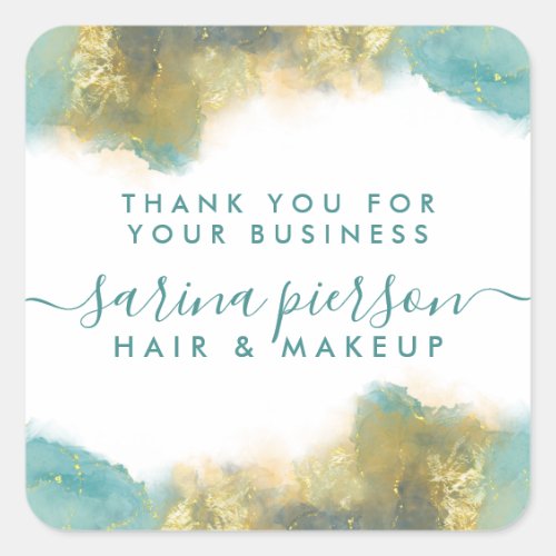 Custom Stickers 10 Teal And Gold Modern Art Liquid Watercolor Ink Square Sticker