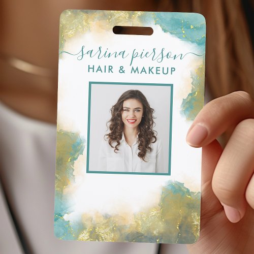 Teal And Gold Modern Liquid Watercolor ID Badge