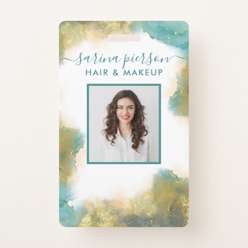 Teal And Gold Modern Liquid Watercolor ID Badge