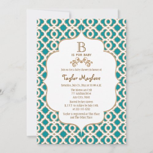 Teal and Gold Moroccan Baby Girl Baby Shower Invitation