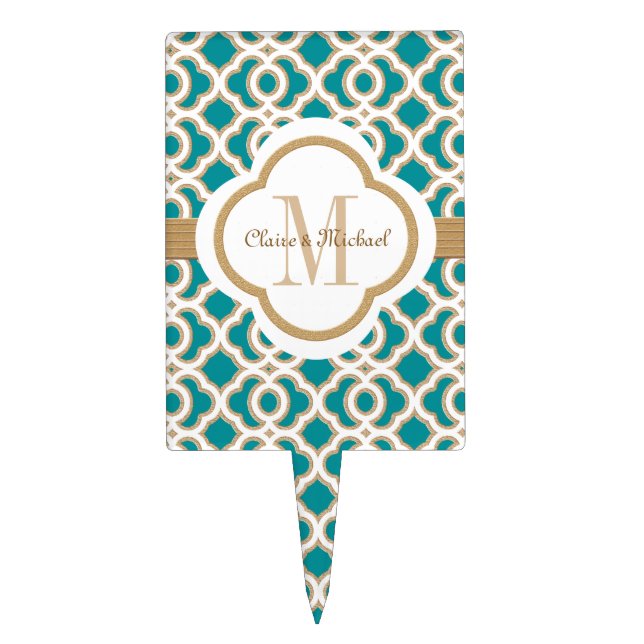 Teal and Gold Moroccan Monogram Couples Cake Topper (Front)