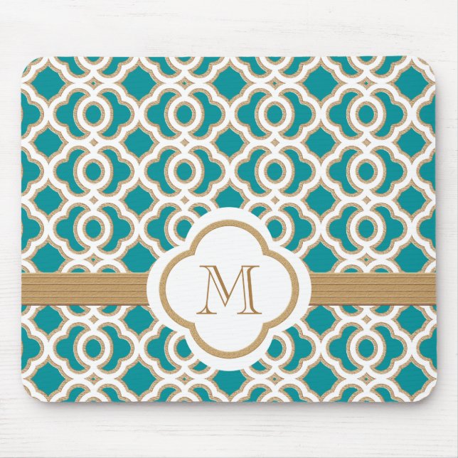 Teal and Gold Moroccan Monogrammed Mouse Pad (Front)