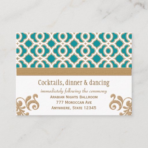 Customizable Teal and Gold Moroccan Reception Enclosure Card Business Card Templates