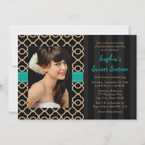 Teal and Gold Moroccan Sweet Sixteen Photo Invitation