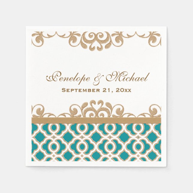 Teal and Gold Moroccan Wedding Napkins (Front)