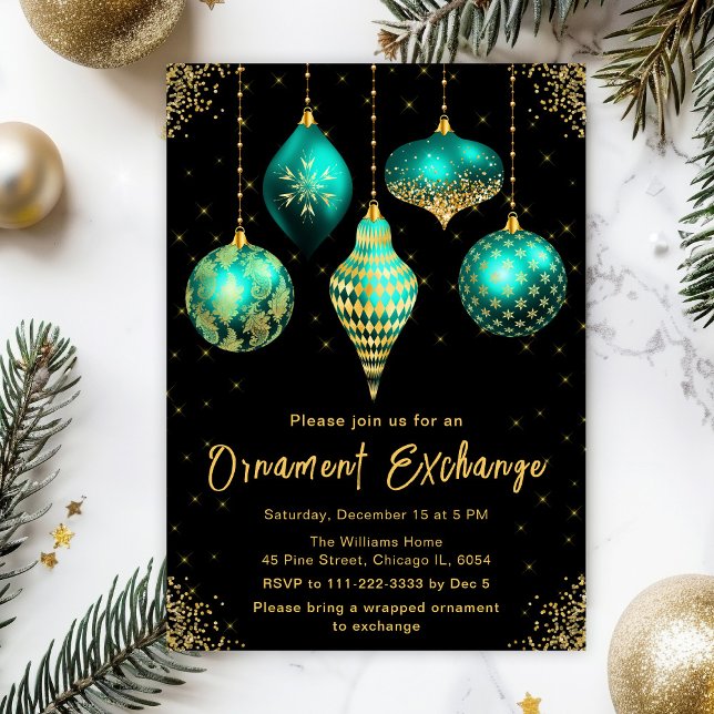 Teal and Gold Ornament Exchange Party Invitation (Creator Uploaded)