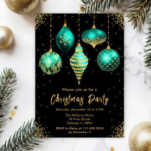 Teal and Gold Ornaments Christmas Party Invitation