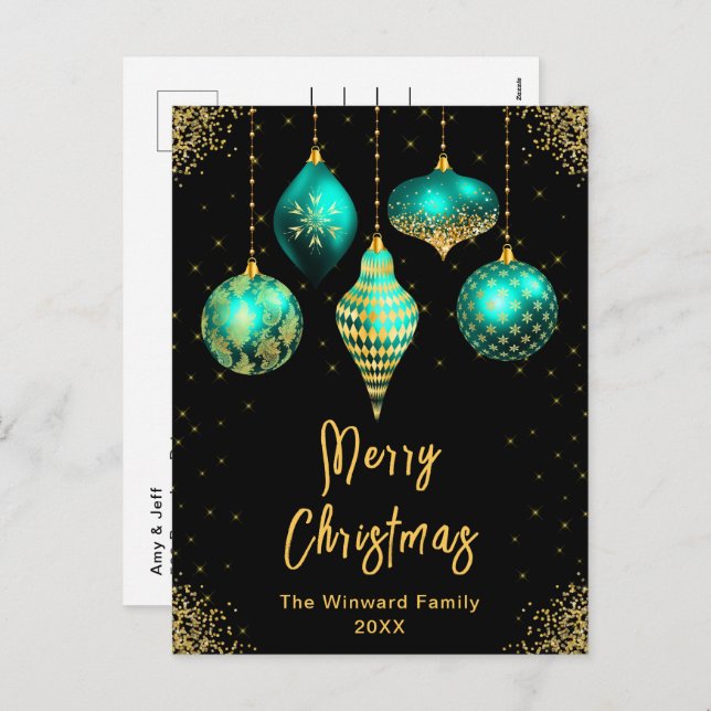 Teal and Gold Ornaments Merry Christmas Holiday Postcard (Front/Back)