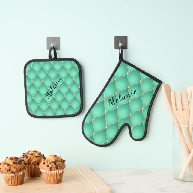 Teal and Gold Oven Mitt & Pot Holder Set Your Name (Insitu(Hanging))