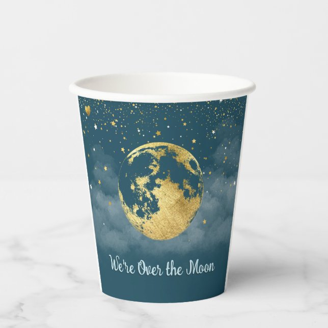 Teal and Gold Over the Moon Baby Shower Paper Cups (Front)
