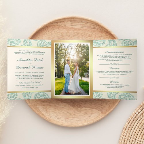 Teal and Gold Paisley Indian Style Wedding Photo Tri_Fold Invitation
