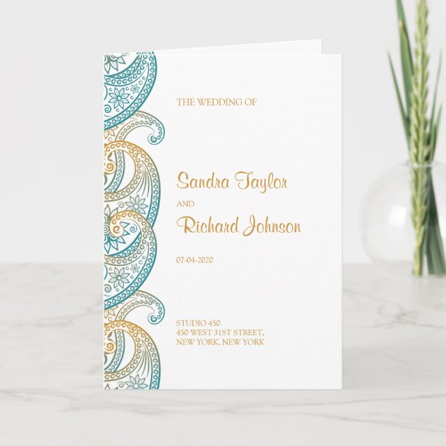 Teal and Gold Paisley Indian Wedding Program (Front)