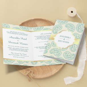 Teal and Gold Paisley Traditional Indian Wedding Invitation