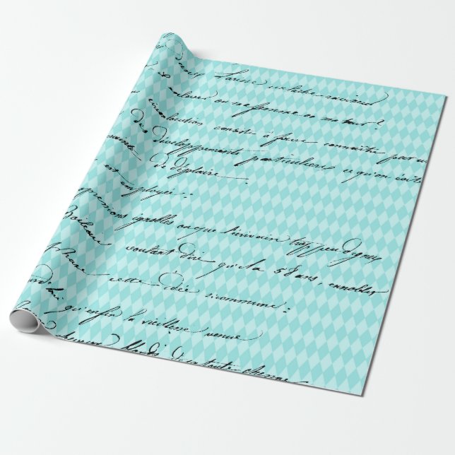 Teal and Gold Paris Themed Calligraphy Wrapping Paper (Unrolled)