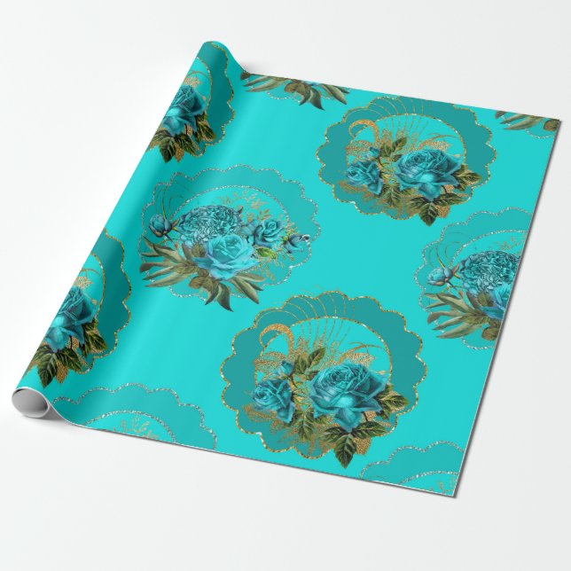 Teal and Gold Paris Themed Glitter Wrapping Paper (Unrolled)