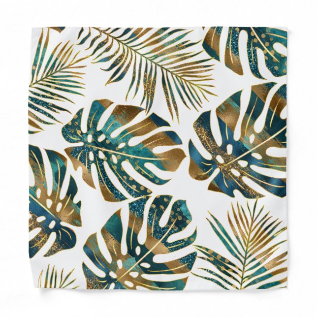 Teal and gold patterned tropical leaves bandana (Front)