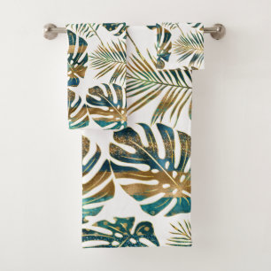 Teal and gold patterned tropical leaves bath towel set