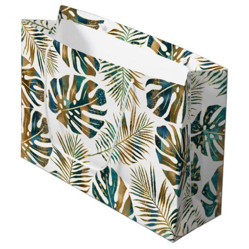 Teal and gold patterned tropical leaves large gift bag