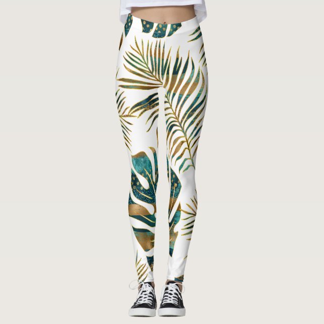 Teal and gold patterned tropical leaves leggings (Front)