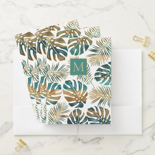 Teal and gold patterned tropical leaves monogram pocket folder