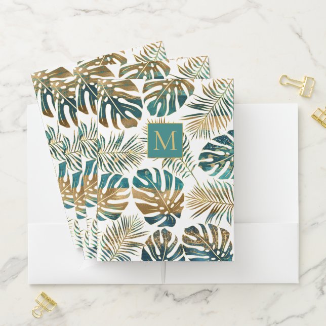Teal and gold patterned tropical leaves, monogram pocket folder (In Situ)