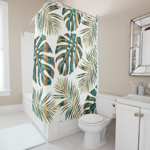 Teal and gold patterned tropical leaves shower curtain