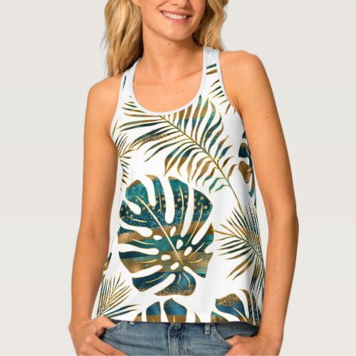 Teal and gold patterned tropical leaves tank top