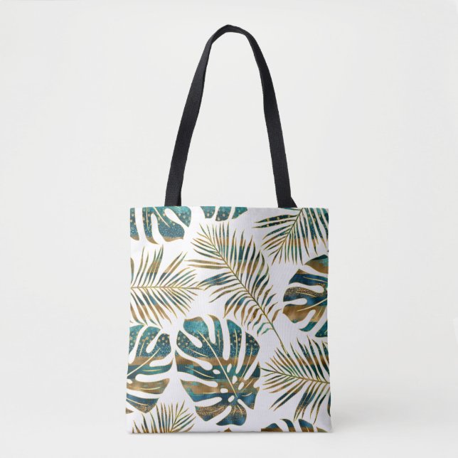 Teal and gold patterned tropical leaves tote bag (Front)