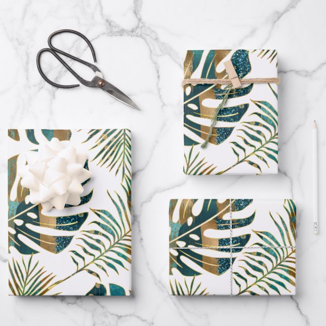 Teal and gold patterned tropical leaves wrapping paper sheets (Front)
