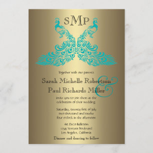 Teal and Gold Peacock Wedding Invitations
