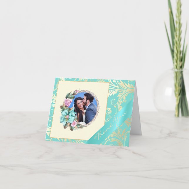 Teal and Gold Photo Wedding Thank You Card (Front)