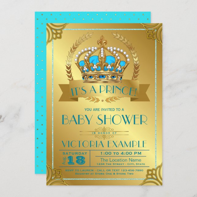 Teal and Gold Prince Baby Shower Invitations (Front/Back)