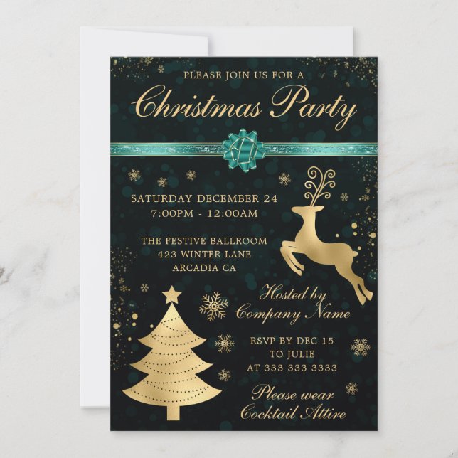 Teal and Gold Reindeer and Tree Christmas Party Invitation (Front)