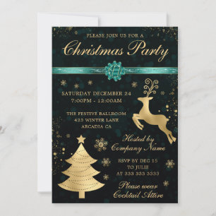 Teal and Gold Reindeer and Tree Christmas Party Invitation