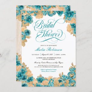 Teal and Gold Roses Elegant Floral Bridal Shower Invitation