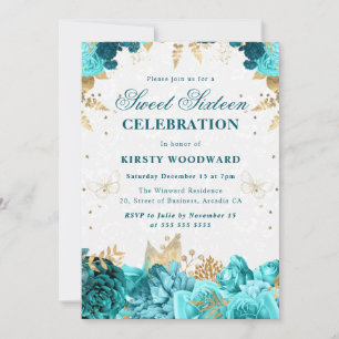 Teal and Gold Roses Floral Sweet Sixteen Invitat Invitation
