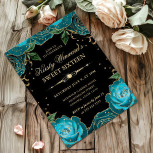 Teal and Gold Roses Floral Sweet Sixteen Invitation