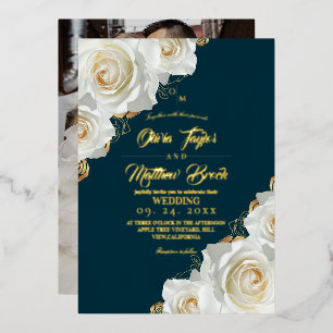 Teal and Gold Roses Floral Wedding Foil Invitation