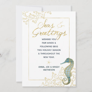 Teal and Gold Seahorse Seas & Greetings Christmas Holiday Card