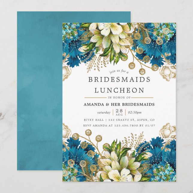 Teal and Gold Shabby-Chic Bridesmaids Luncheon Invitation (Front/Back)