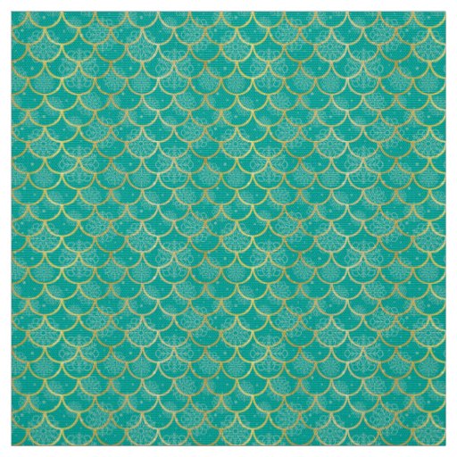 Teal and gold snowflake with fish scales pattern fabric