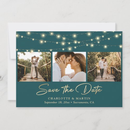 Teal and Gold String Lights Photo Collage Wedding Save The Date