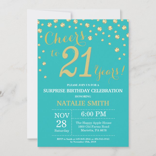 Teal and Gold Surprise 21st Birthday Diamond Invitation (Front)