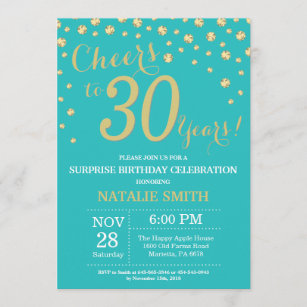 Teal and Gold Surprise 30th Birthday Diamond Invitation